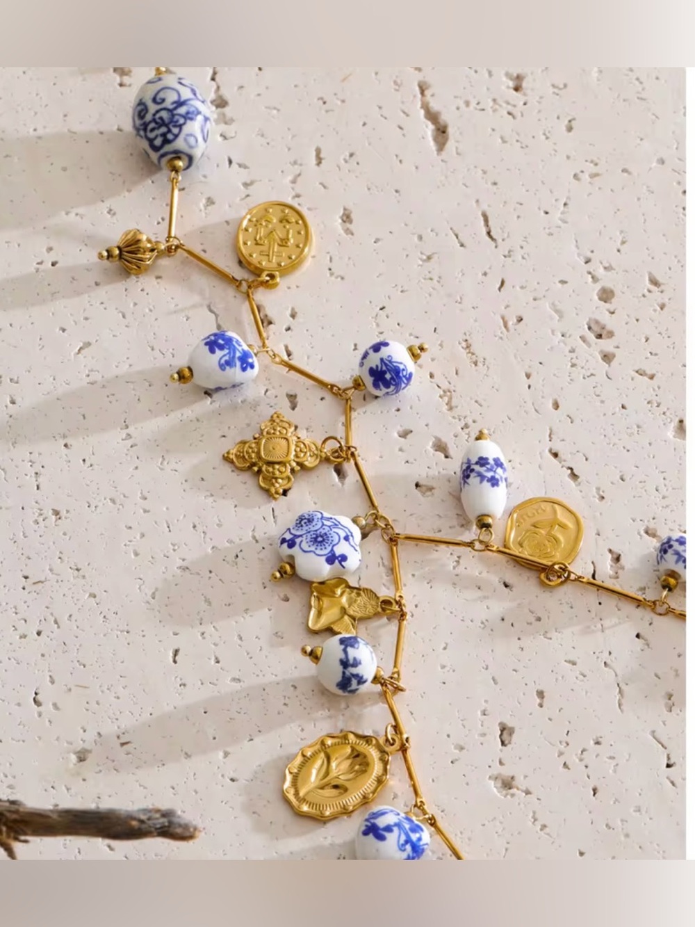 Blue & White Porcelain Charm Necklace – Gold Plated Statement Necklace - Picture 7 of 9